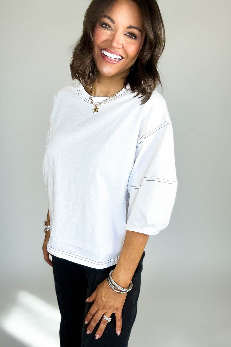 3/4 White Balloon Sleeve Top