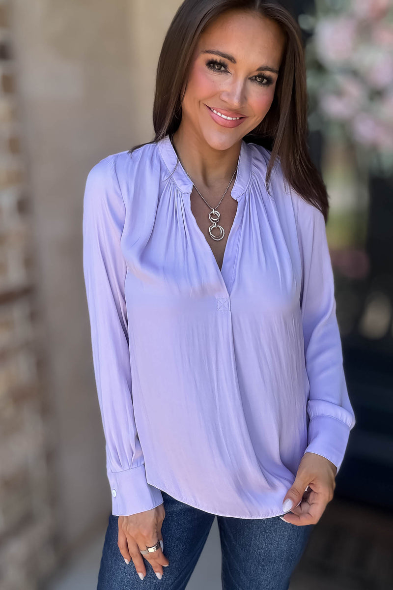 Lilac Gathered Shoulder V Neck Flowing Blouse