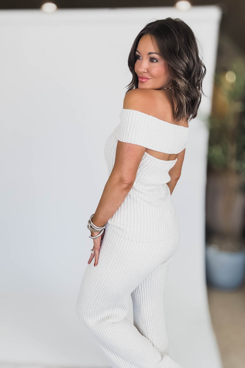 Off Shoulder Sweater Top With Long Pants Set