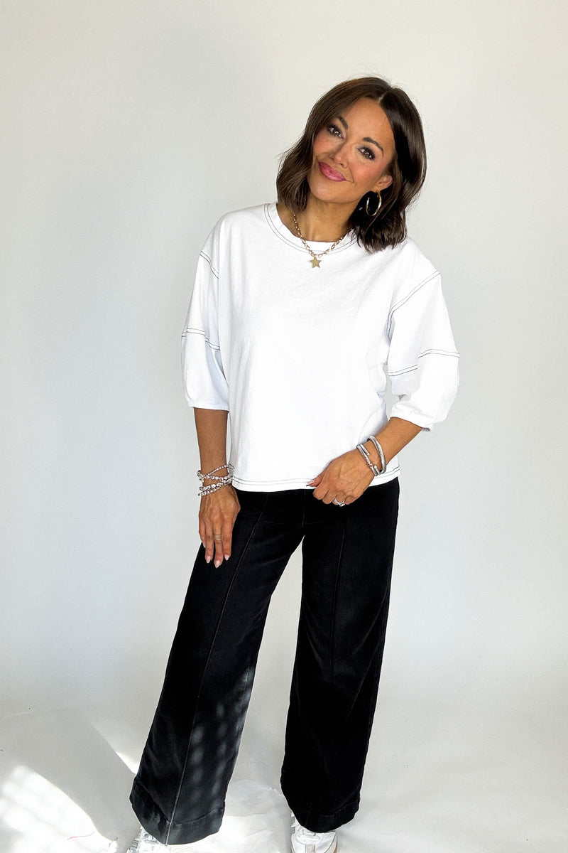 3/4 White Balloon Sleeve Top