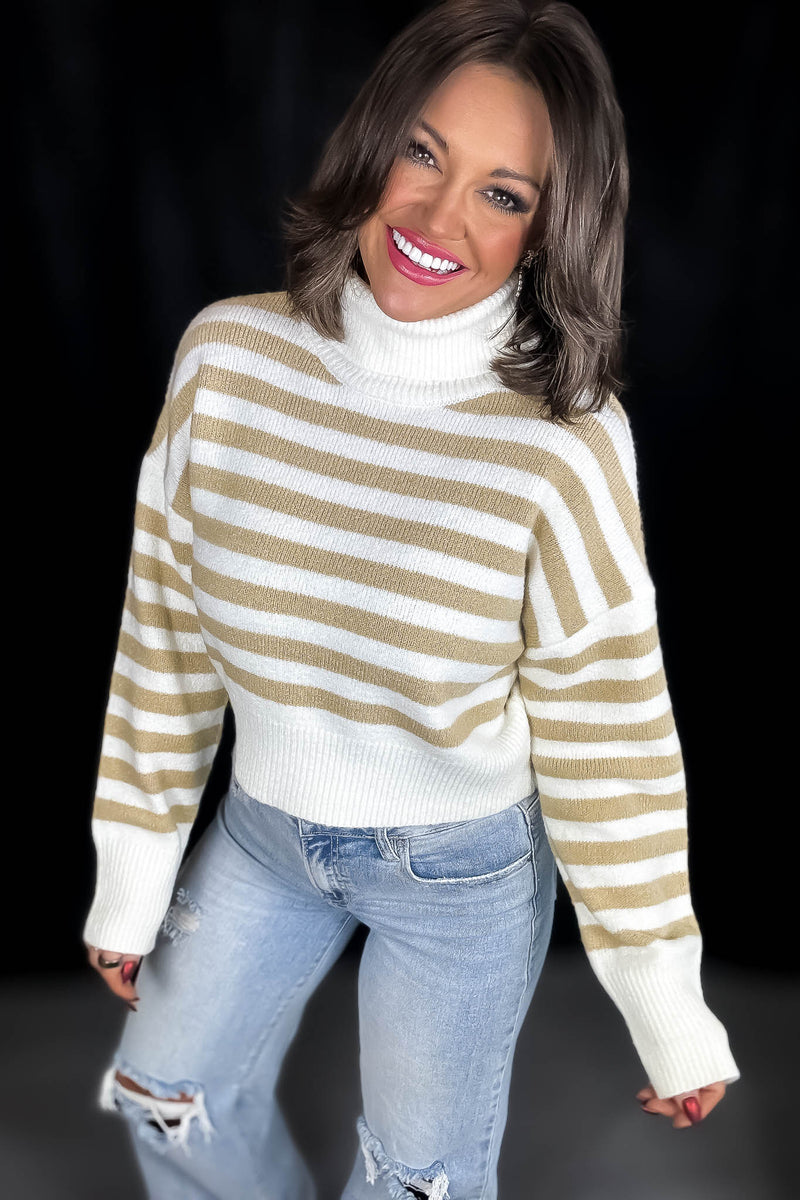 Alpine Cream And Taupe Striped Turtleneck Sweater