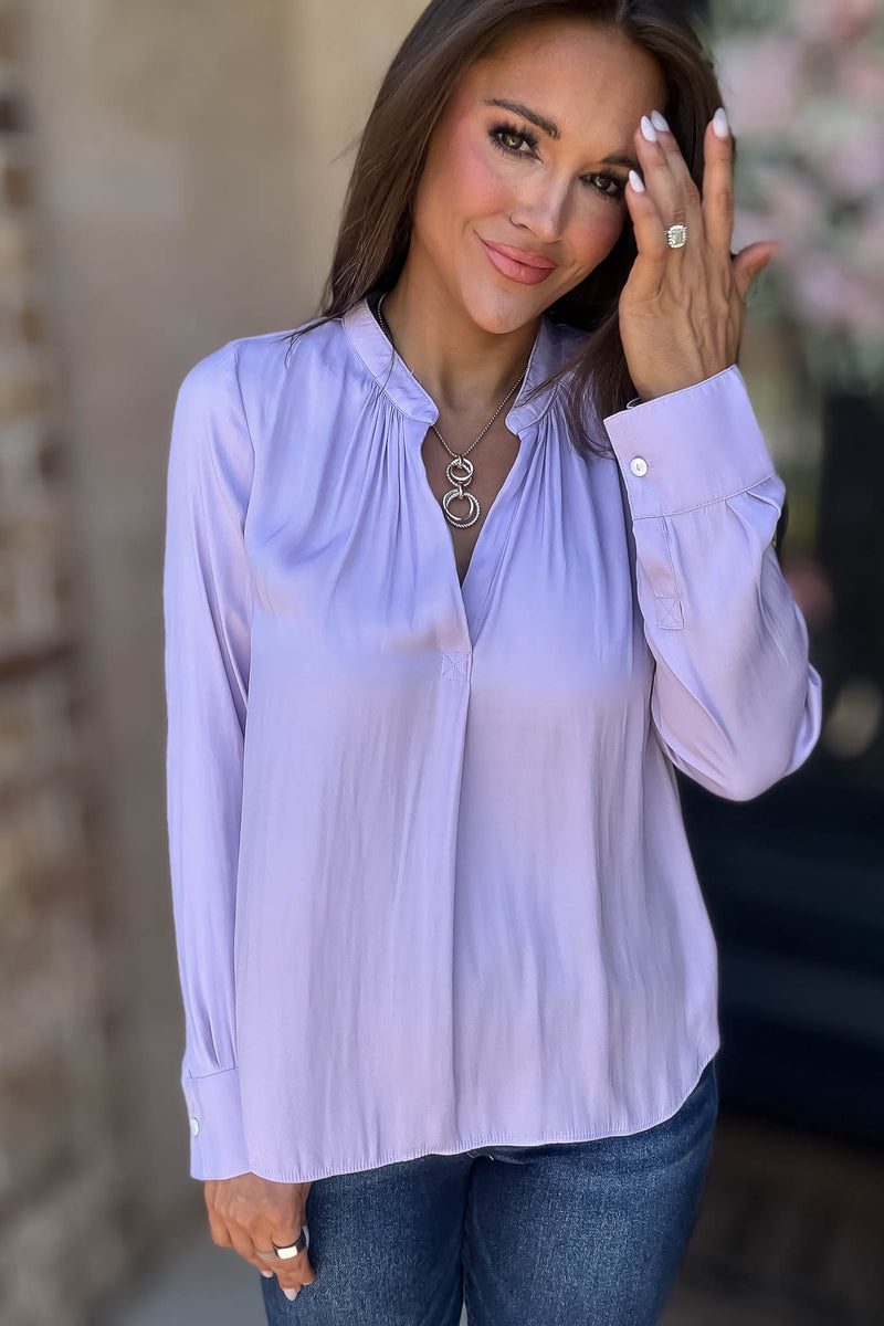 Lilac Gathered Shoulder V Neck Flowing Blouse