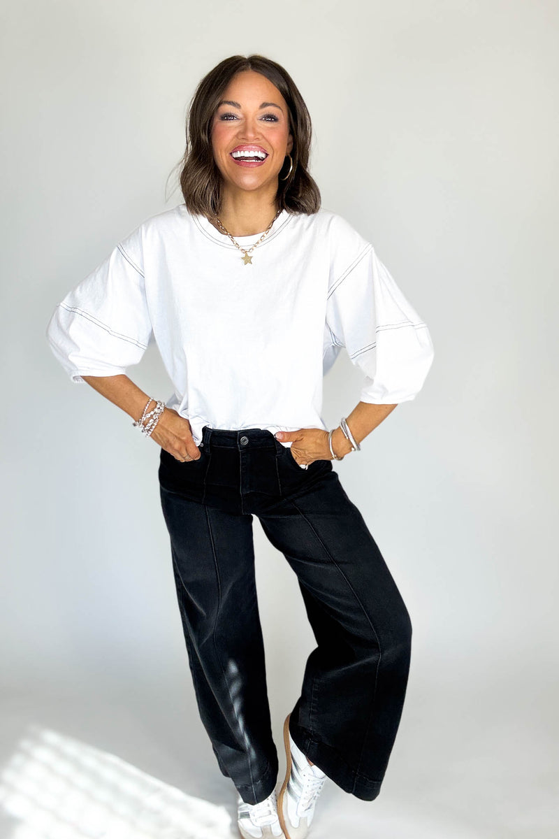 3/4 White Balloon Sleeve Top