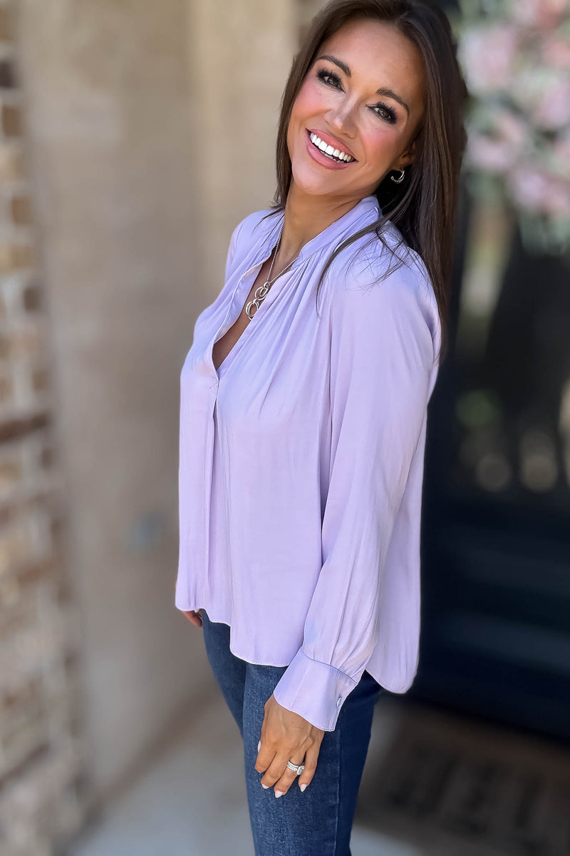 Lilac Gathered Shoulder V Neck Flowing Blouse