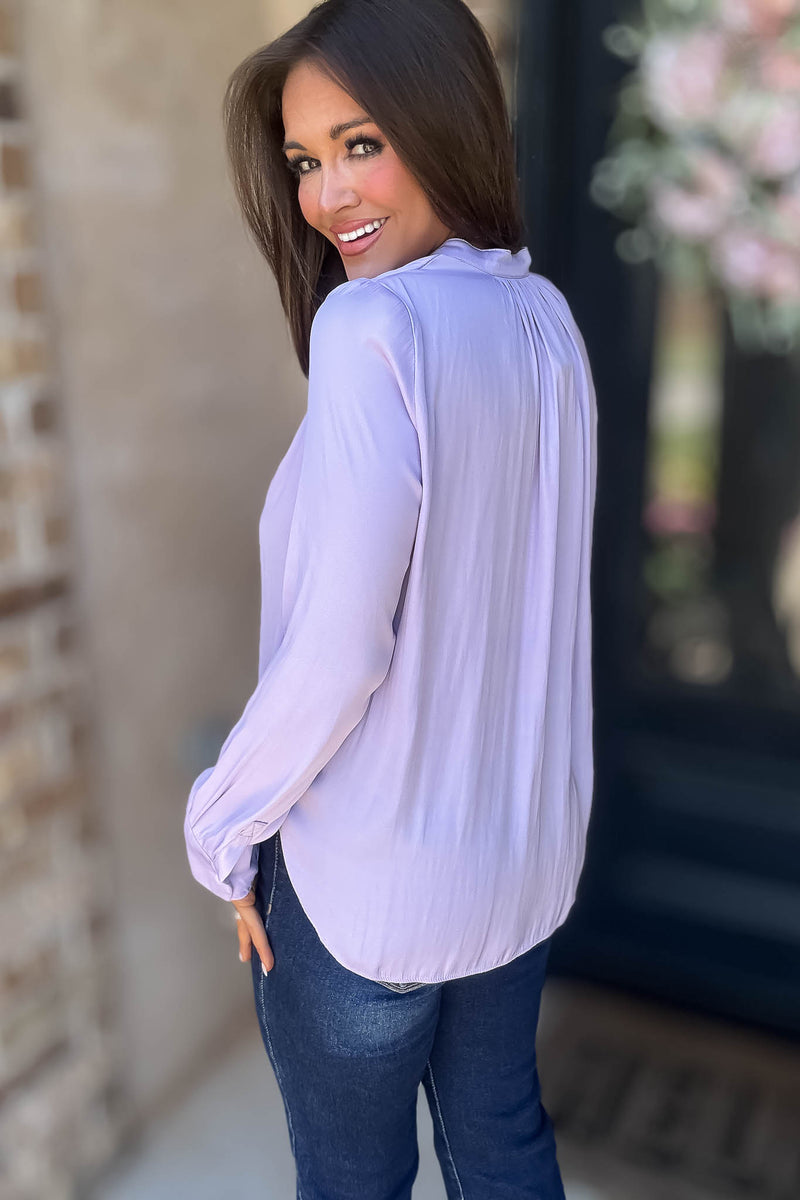 Lilac Gathered Shoulder V Neck Flowing Blouse