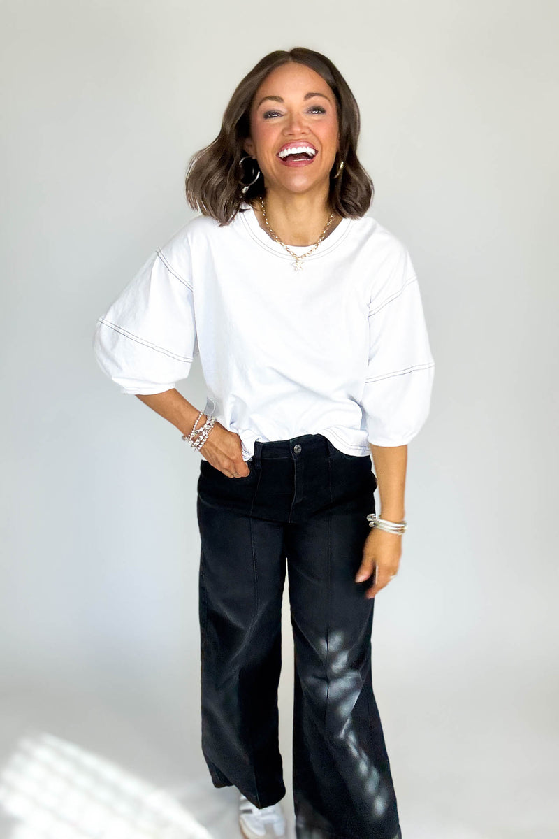 3/4 White Balloon Sleeve Top