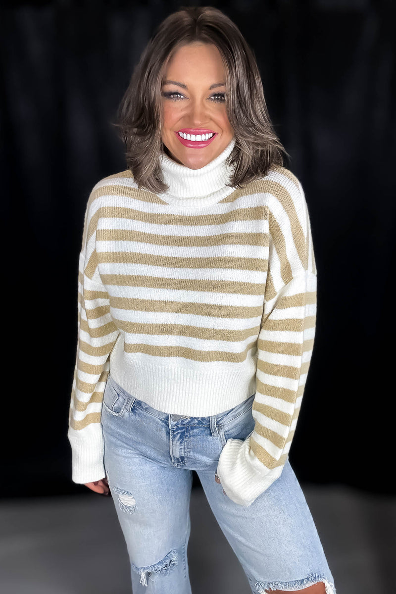 Alpine Cream And Taupe Striped Turtleneck Sweater