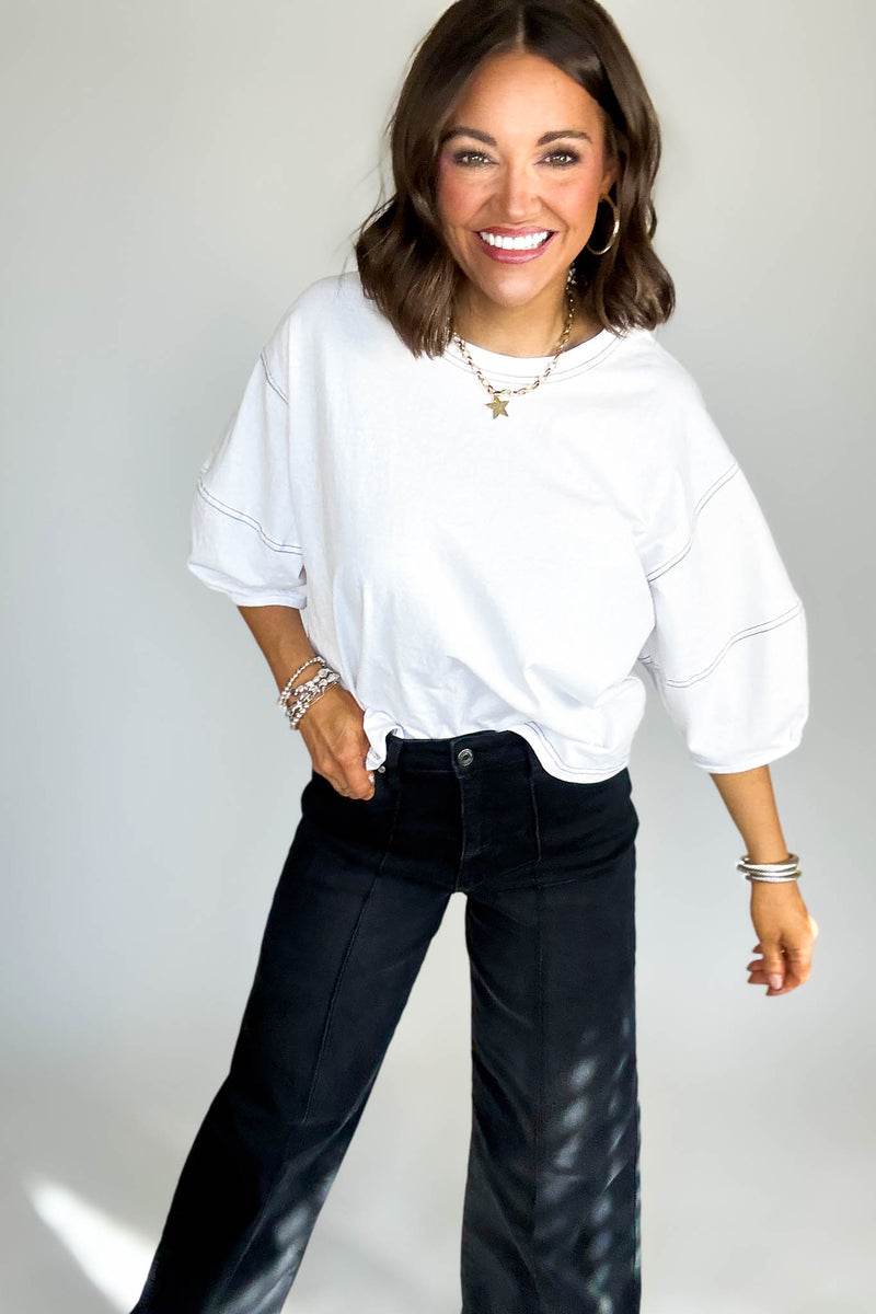 3/4 White Balloon Sleeve Top