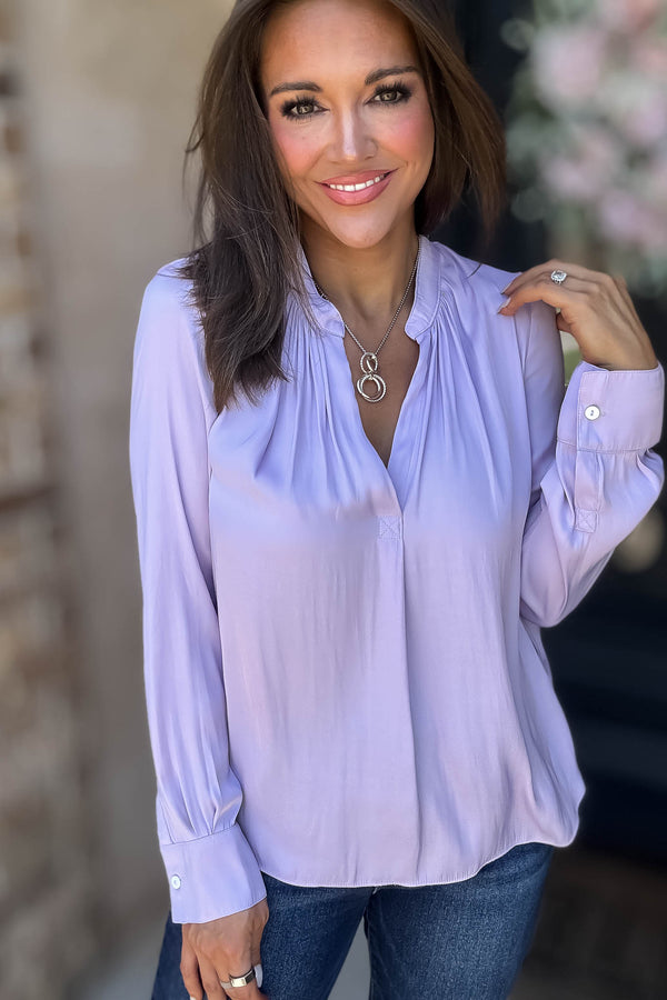 Lilac Gathered Shoulder V Neck Flowing Blouse