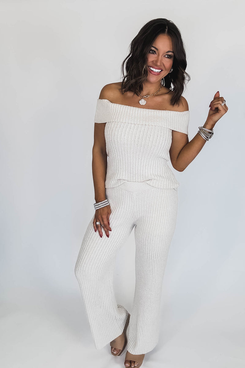 Off Shoulder Sweater Top With Long Pants Set