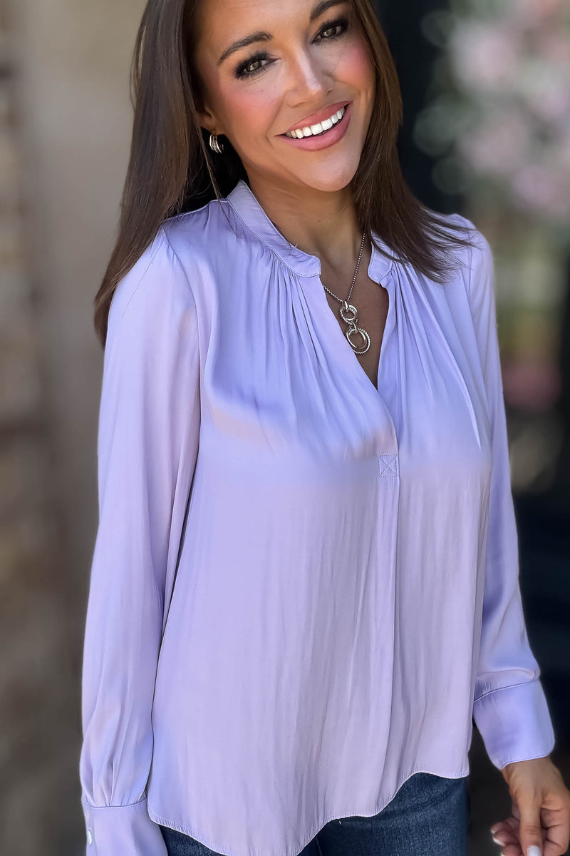 Lilac Gathered Shoulder V Neck Flowing Blouse