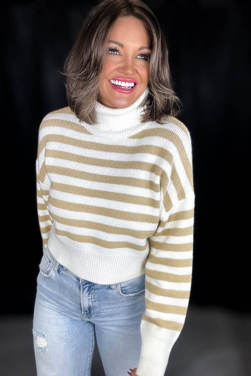 Alpine Cream And Taupe Striped Turtleneck Sweater