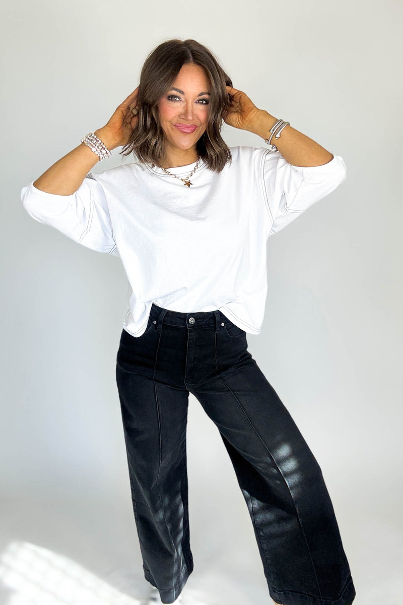 Stella Rae's Black Denim Stretch High Rise Pin Tuck Detail Wide Leg Jean