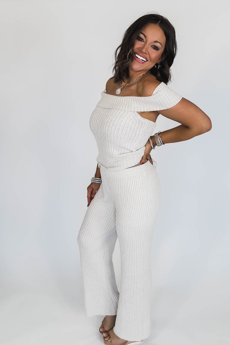 Off Shoulder Sweater Top With Long Pants Set