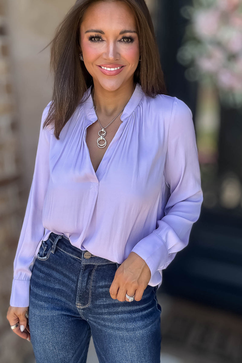 Lilac Gathered Shoulder V Neck Flowing Blouse