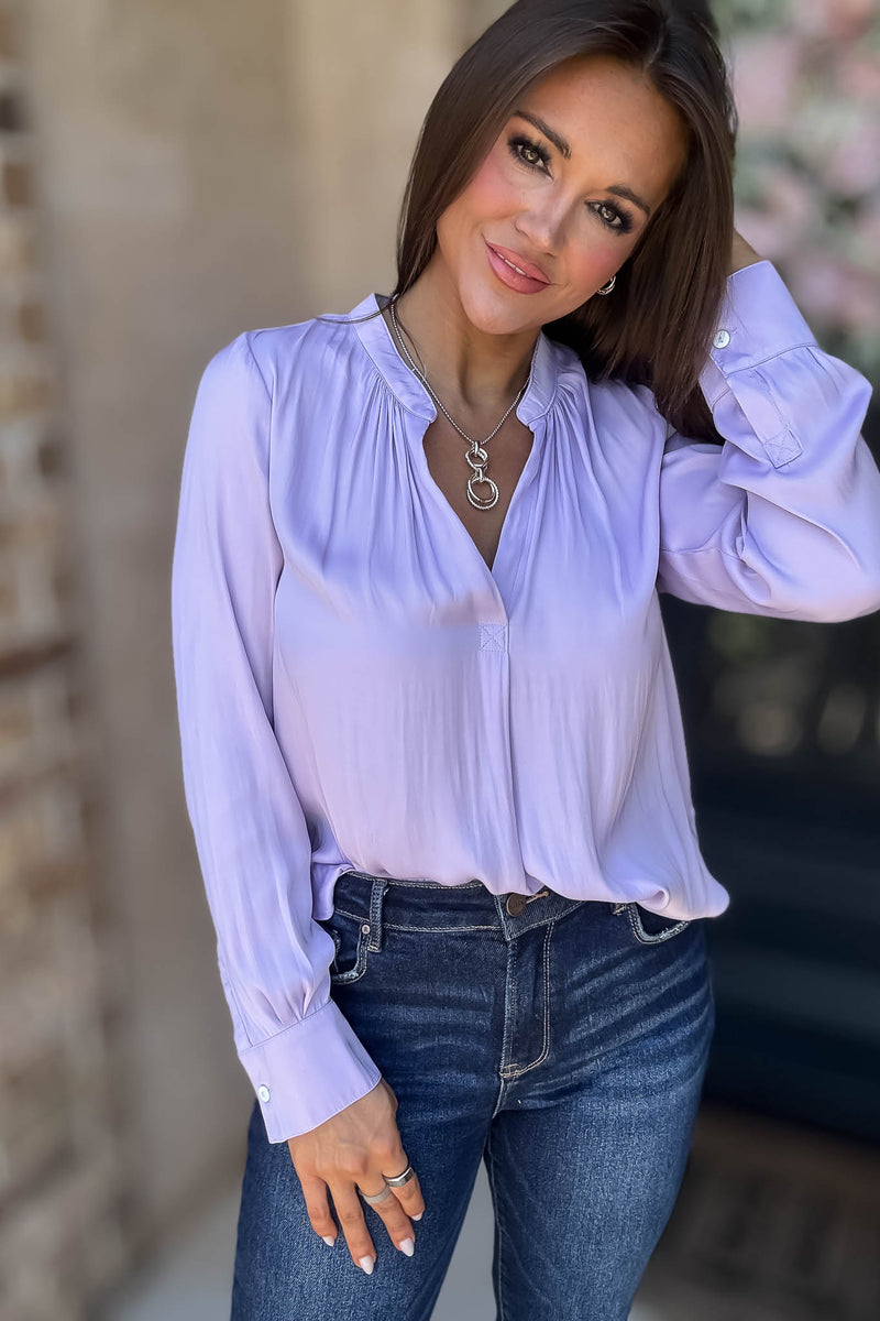 Lilac Gathered Shoulder V Neck Flowing Blouse