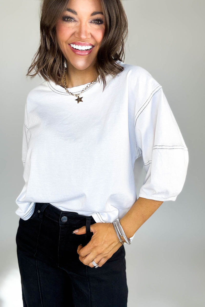 3/4 White Balloon Sleeve Top