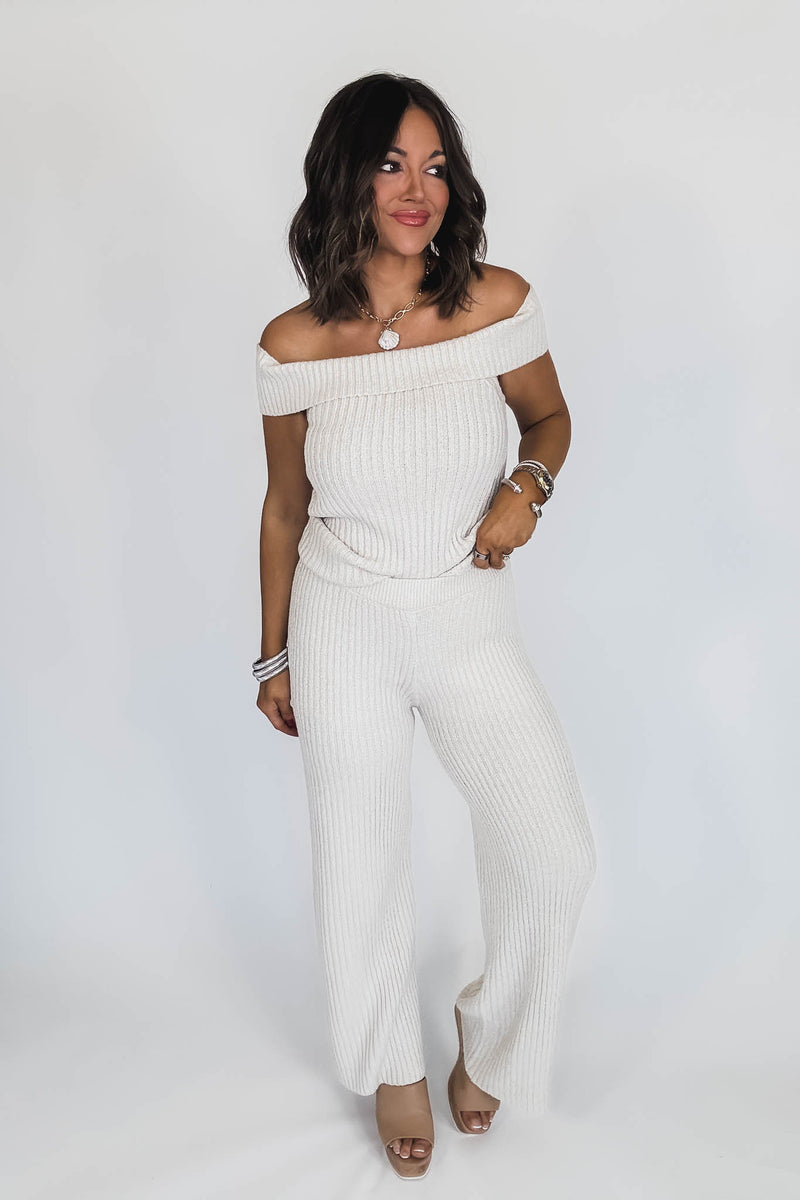 Off Shoulder Sweater Top With Long Pants Set