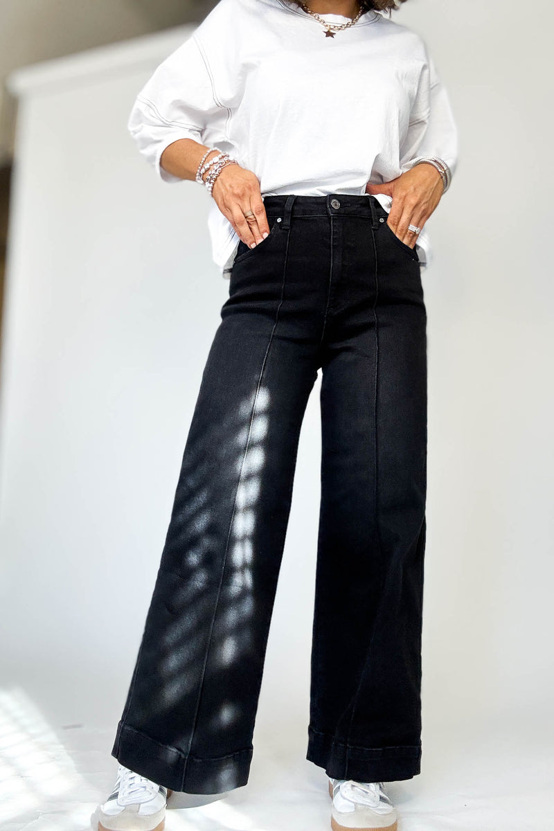 Stella Rae's Black Denim Stretch High Rise Pin Tuck Detail Wide Leg Jean