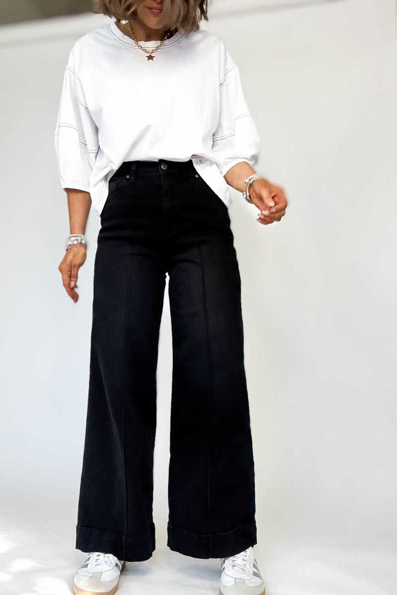 Stella Rae's Black Denim Stretch High Rise Pin Tuck Detail Wide Leg Jean