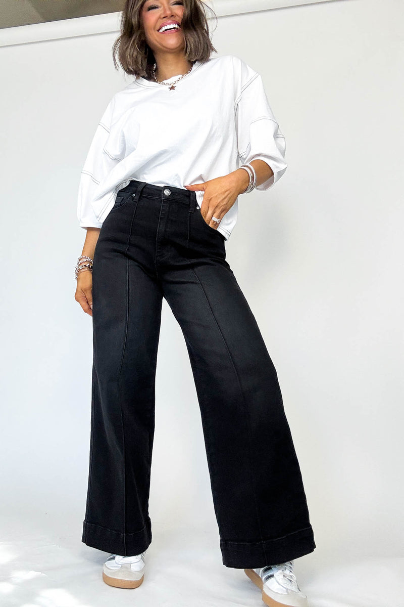 Stella Rae's Black Denim Stretch High Rise Pin Tuck Detail Wide Leg Jean