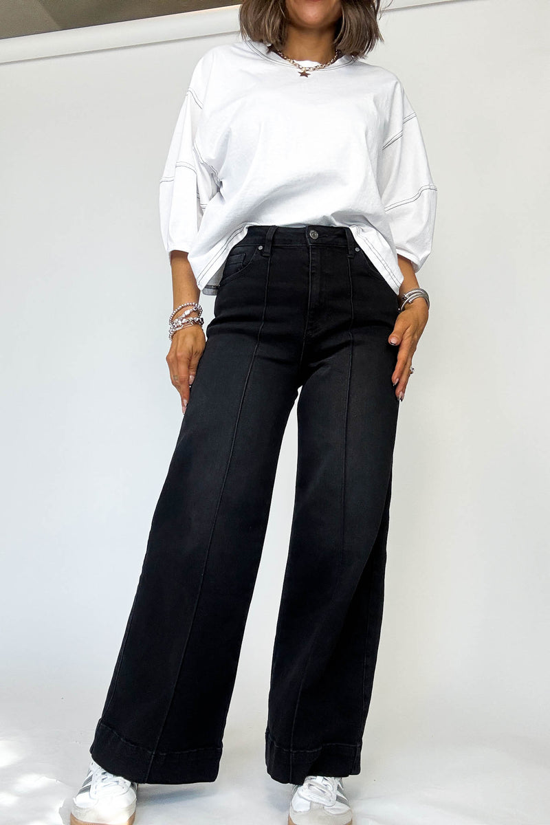 Stella Rae's Black Denim Stretch High Rise Pin Tuck Detail Wide Leg Jean