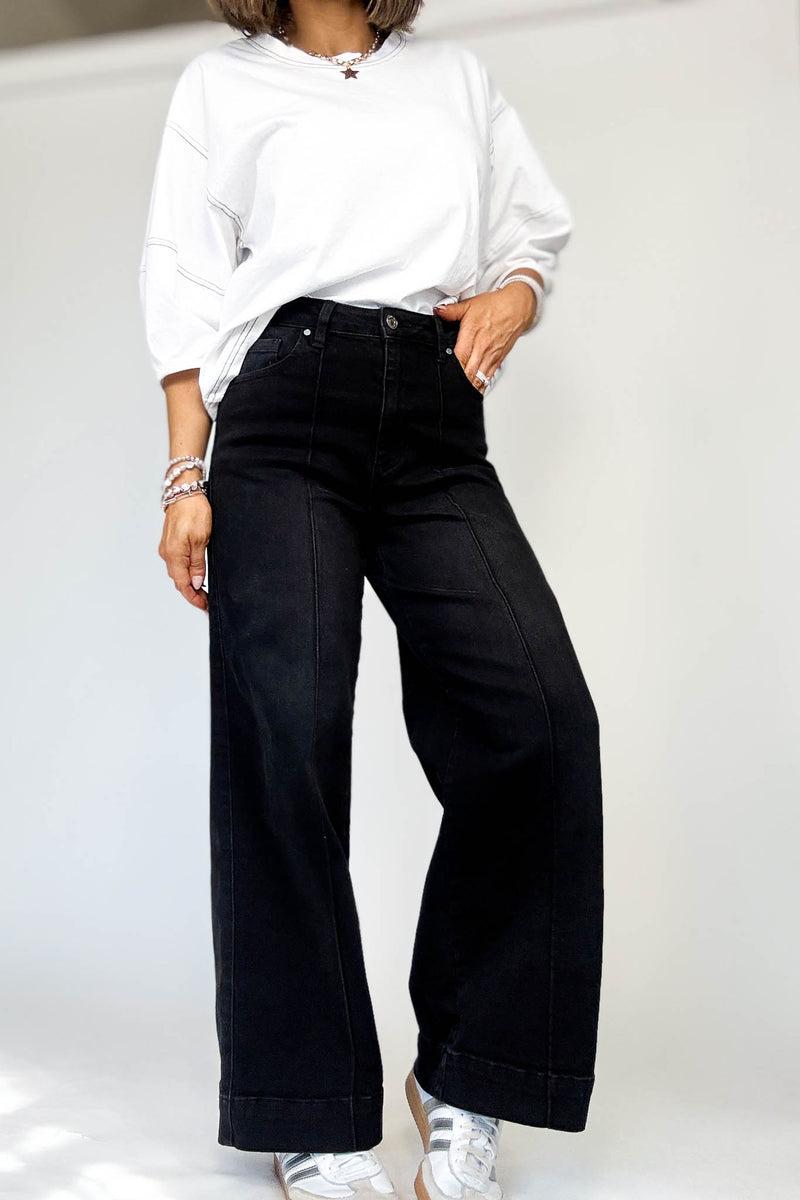 Stella Rae's Black Denim Stretch High Rise Pin Tuck Detail Wide Leg Jean