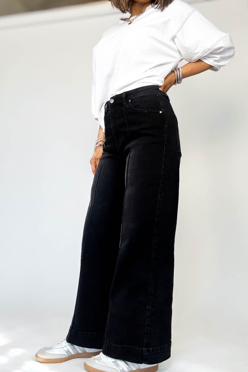 Stella Rae's Black Denim Stretch High Rise Pin Tuck Detail Wide Leg Jean