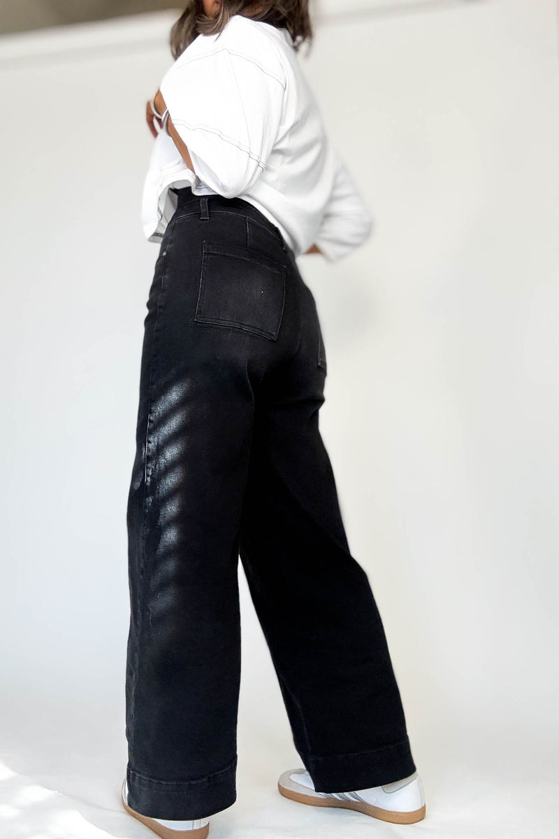 Stella Rae's Black Denim Stretch High Rise Pin Tuck Detail Wide Leg Jean