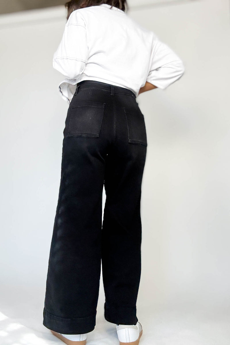 Stella Rae's Black Denim Stretch High Rise Pin Tuck Detail Wide Leg Jean