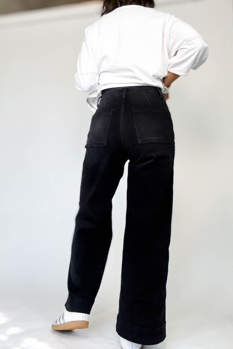 Stella Rae's Black Denim Stretch High Rise Pin Tuck Detail Wide Leg Jean