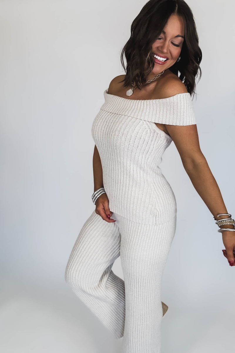 Off Shoulder Sweater Top With Long Pants Set