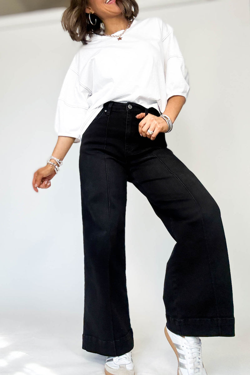 Stella Rae's Black Denim Stretch High Rise Pin Tuck Detail Wide Leg Jean