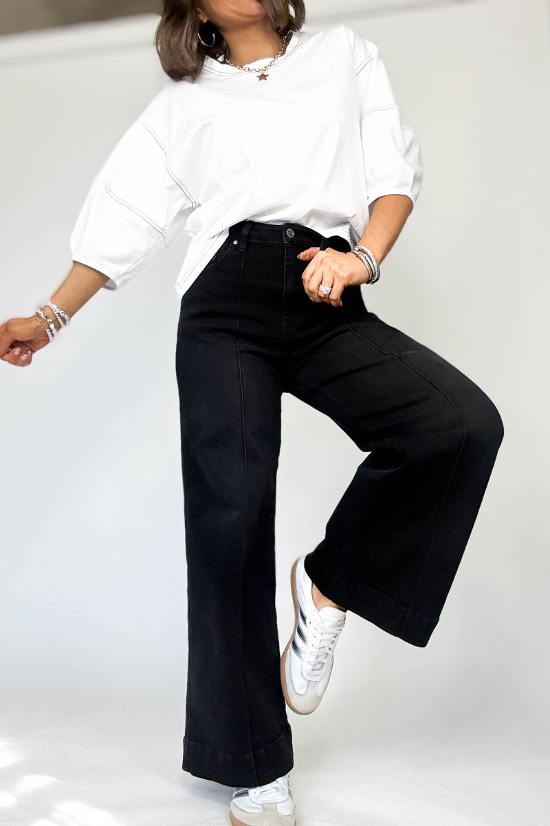 Stella Rae's Black Denim Stretch High Rise Pin Tuck Detail Wide Leg Jean