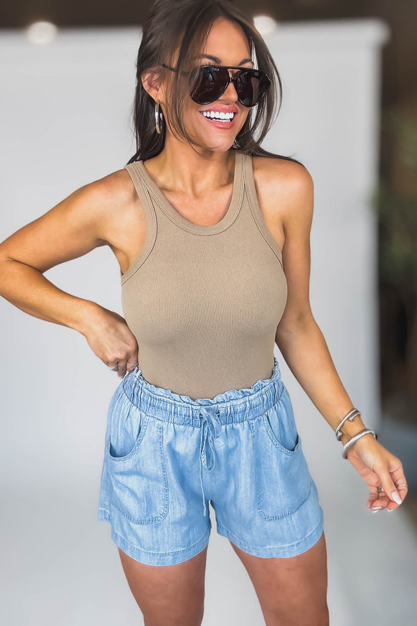 Fine Ribbed Mocha Seamless High Neck Tank Top