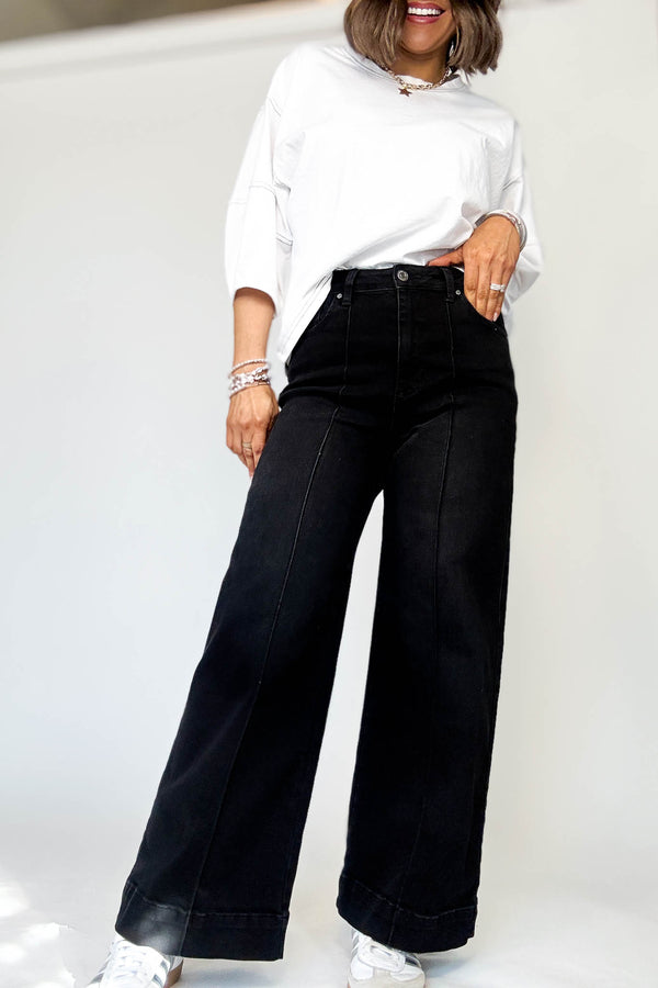 Stella Rae's Black Denim Stretch High Rise Pin Tuck Detail Wide Leg Jean