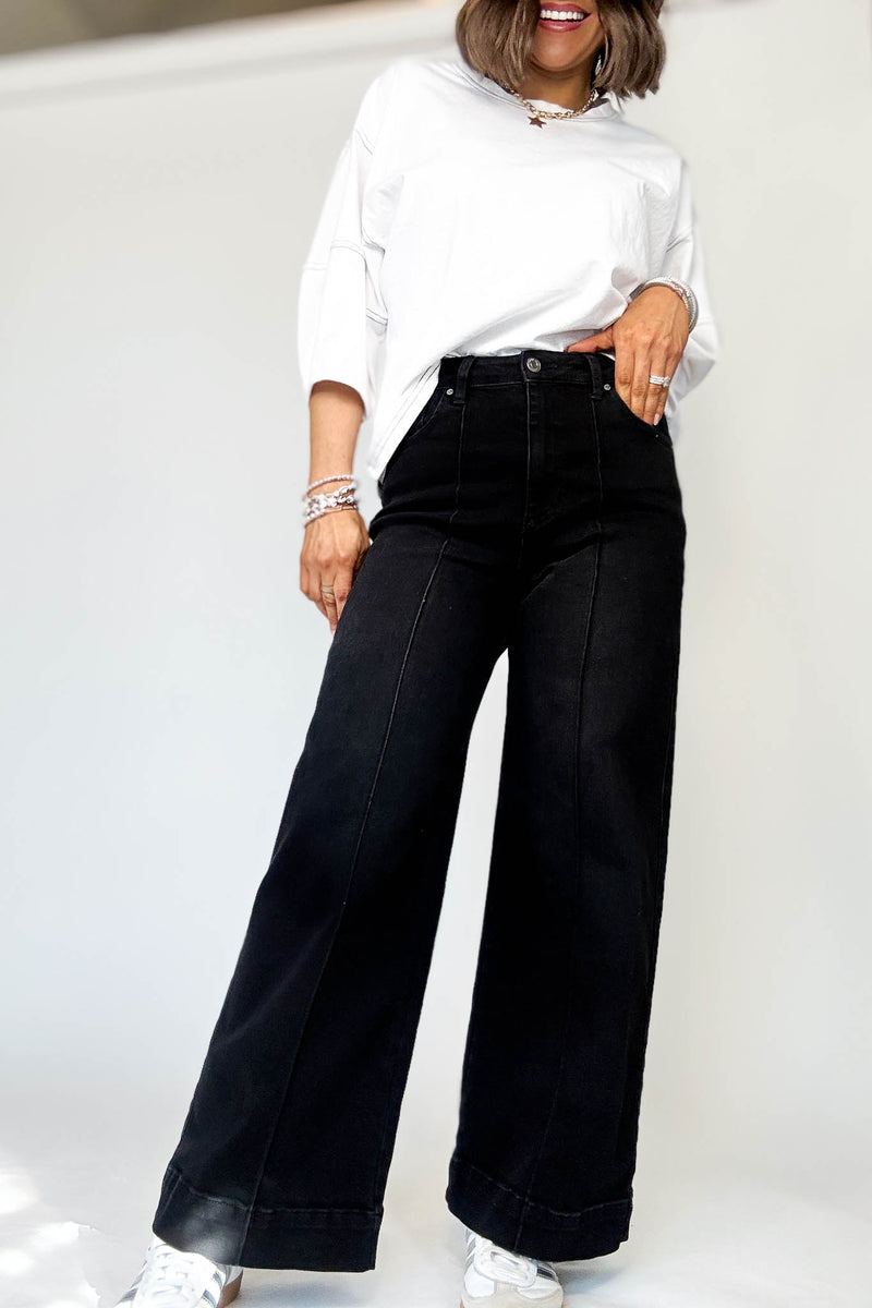Stella Rae's Black Denim Stretch High Rise Pin Tuck Detail Wide Leg Jean
