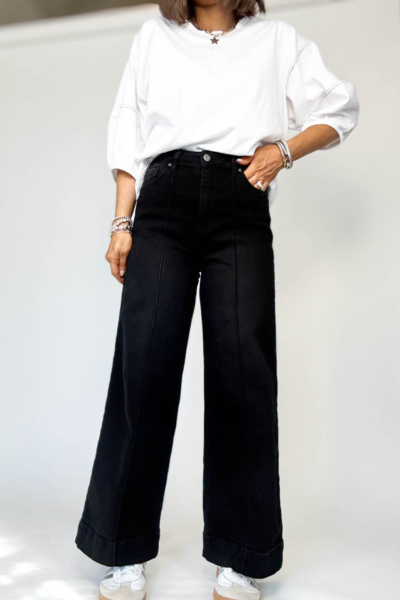 Stella Rae's Black Denim Stretch High Rise Pin Tuck Detail Wide Leg Jean