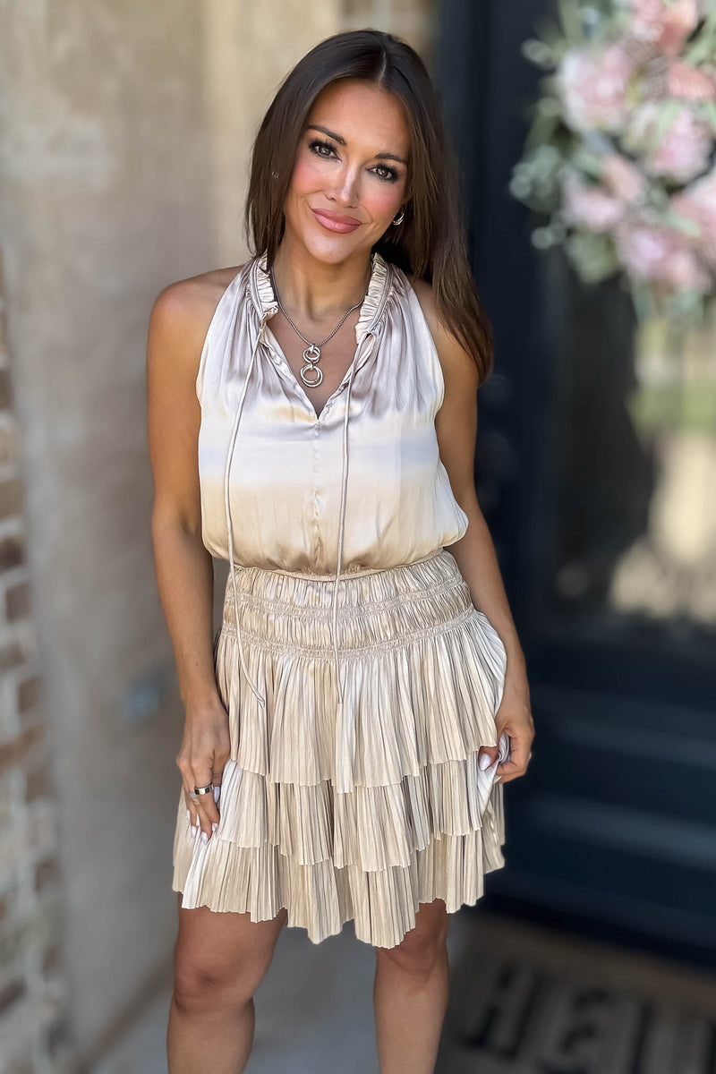Elegant Cream Pleated High Neck Smocked Ruffle Dress