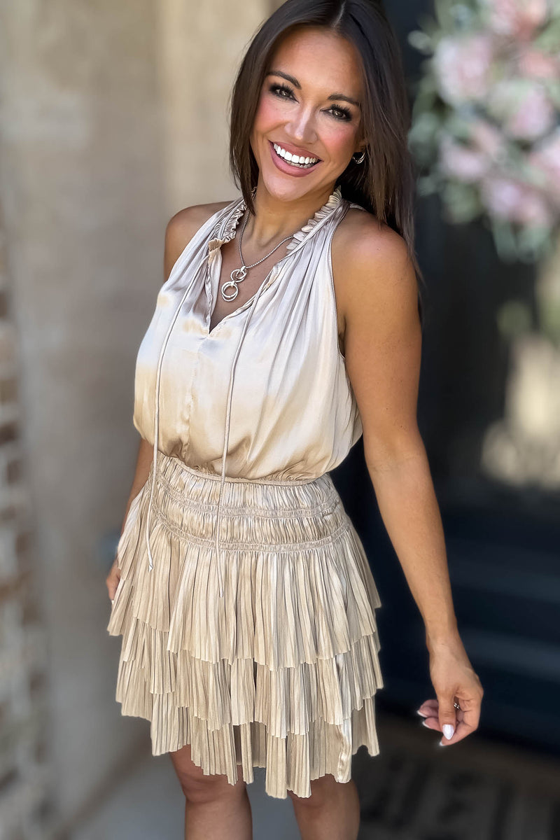 Elegant Cream Pleated High Neck Smocked Ruffle Dress