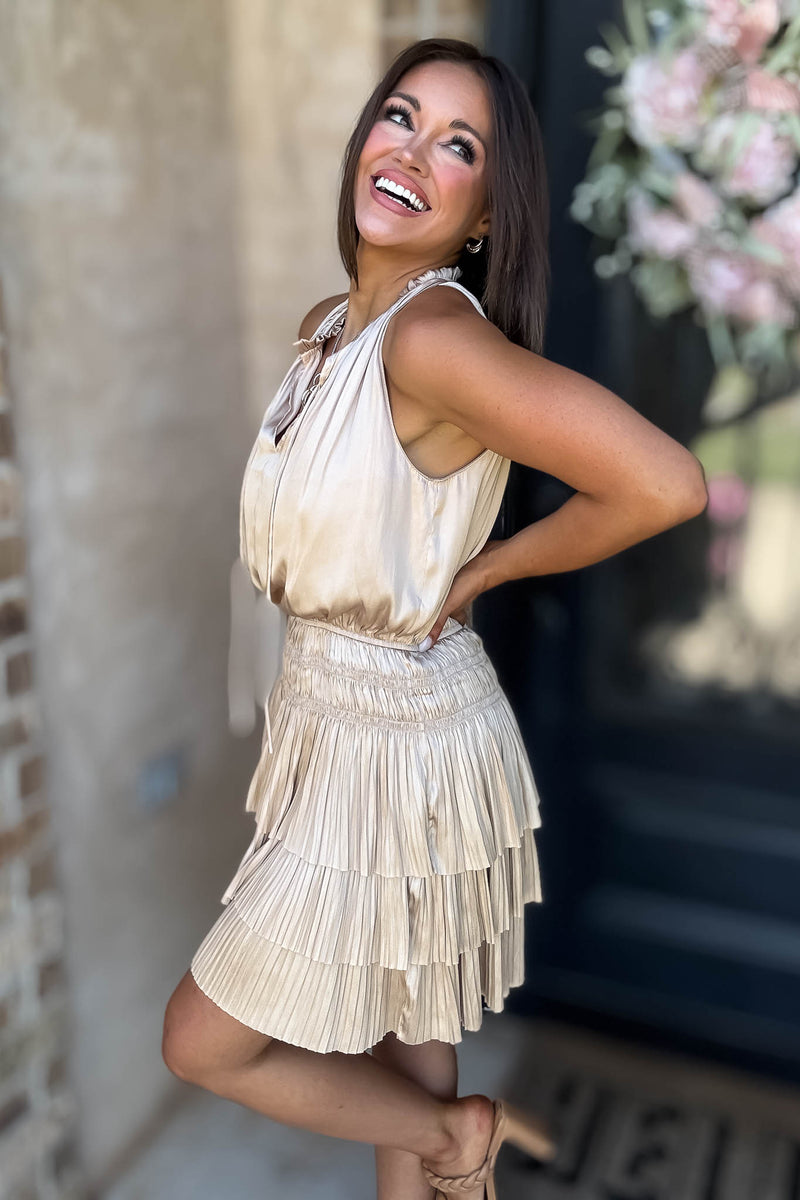 Elegant Cream Pleated High Neck Smocked Ruffle Dress