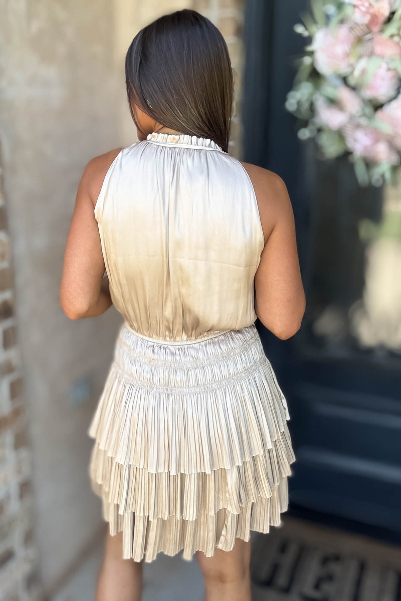 Elegant Cream Pleated High Neck Smocked Ruffle Dress
