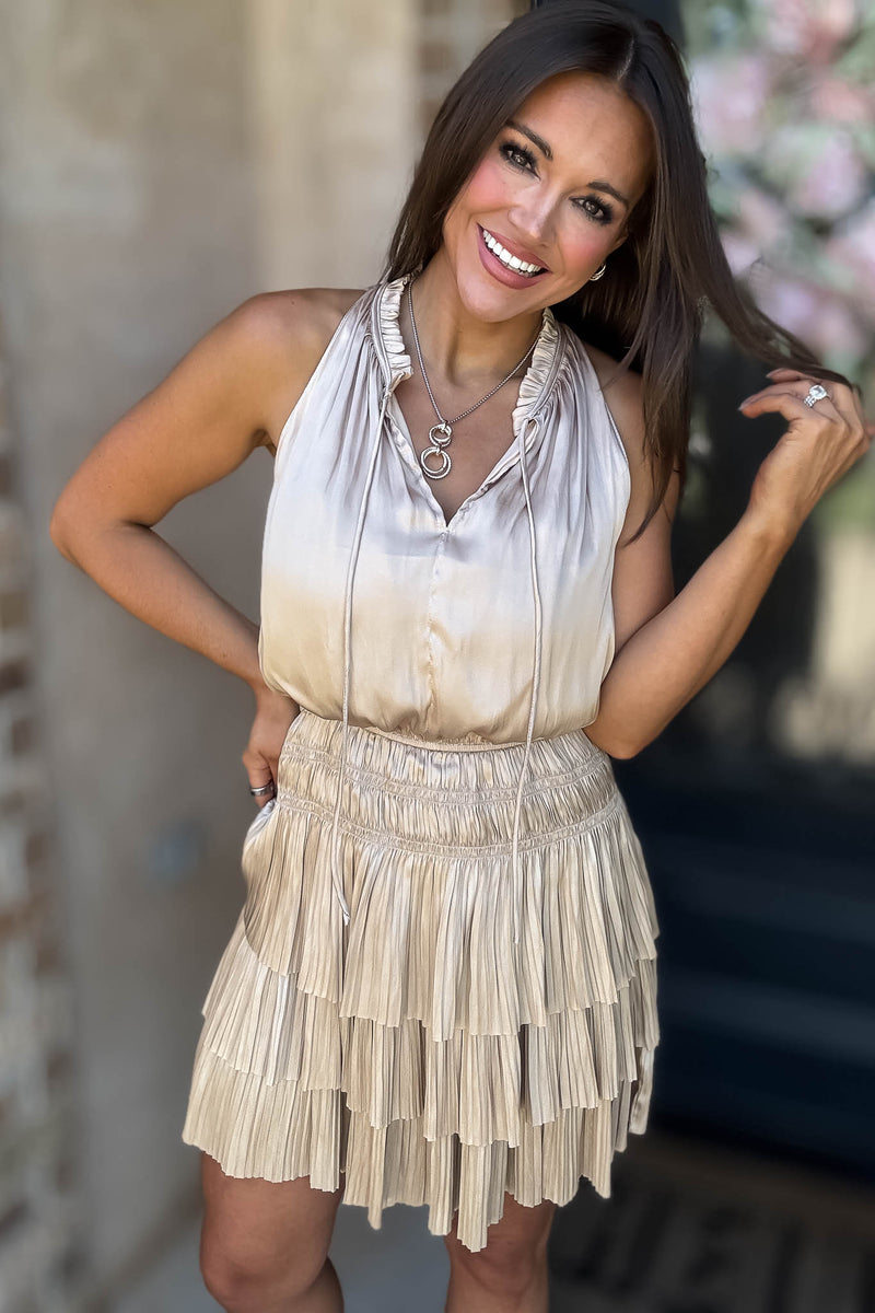 Elegant Cream Pleated High Neck Smocked Ruffle Dress