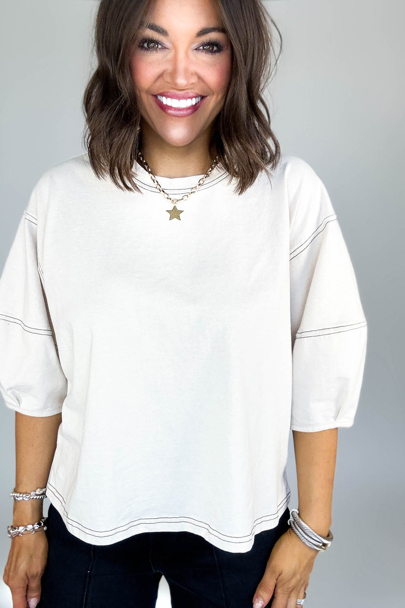 3/4 Sand Beige Balloon Sleeve Top