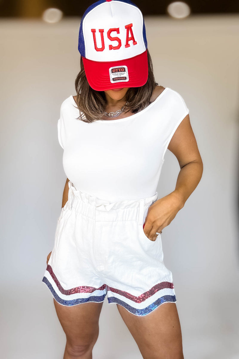 Elastic Waist Front Pockets Sequins Denim Short