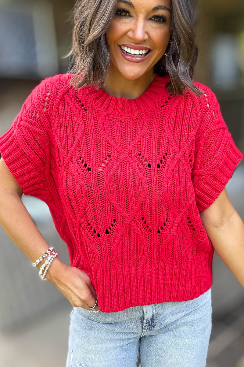 Perfect Ruby Cable Knit Short Sleeve Sweater