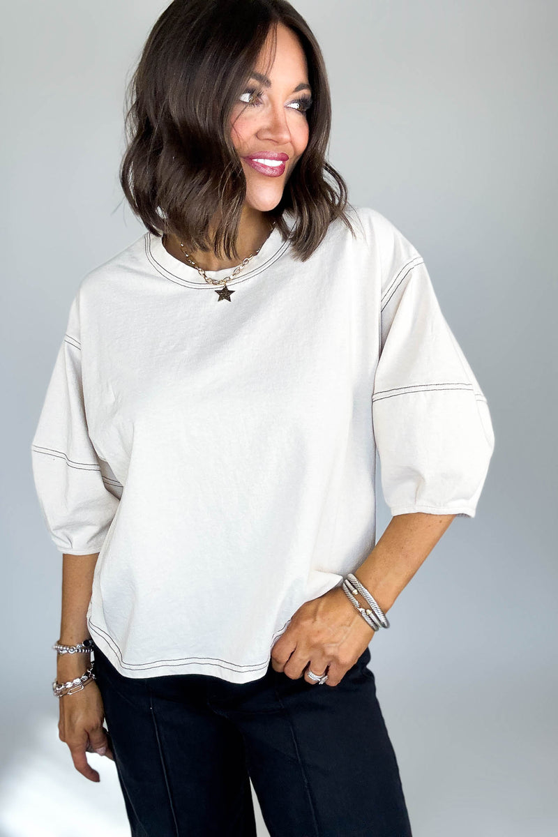 3/4 Sand Beige Balloon Sleeve Top