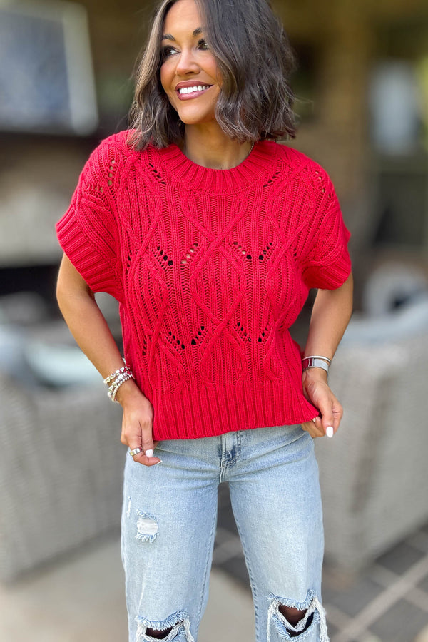 Perfect Ruby Cable Knit Short Sleeve Sweater
