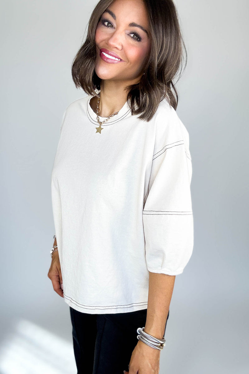 3/4 Sand Beige Balloon Sleeve Top