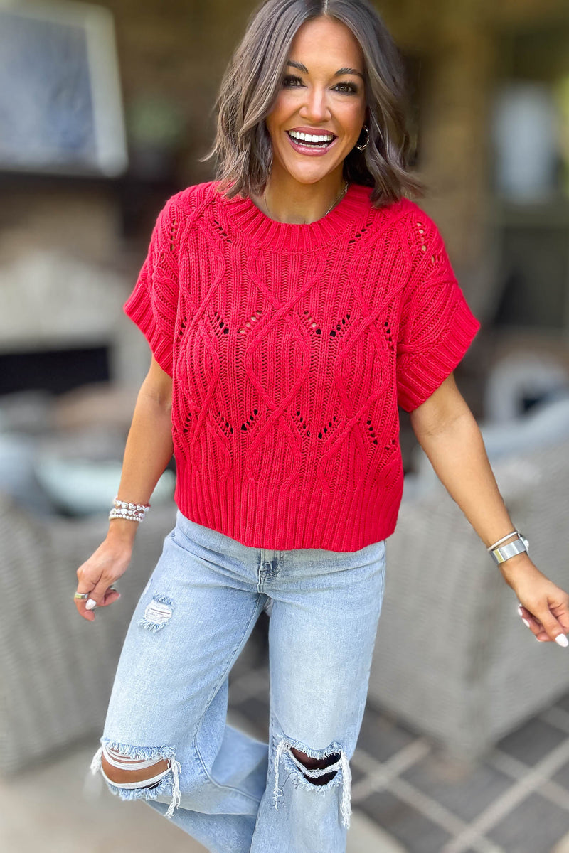 Perfect Ruby Cable Knit Short Sleeve Sweater